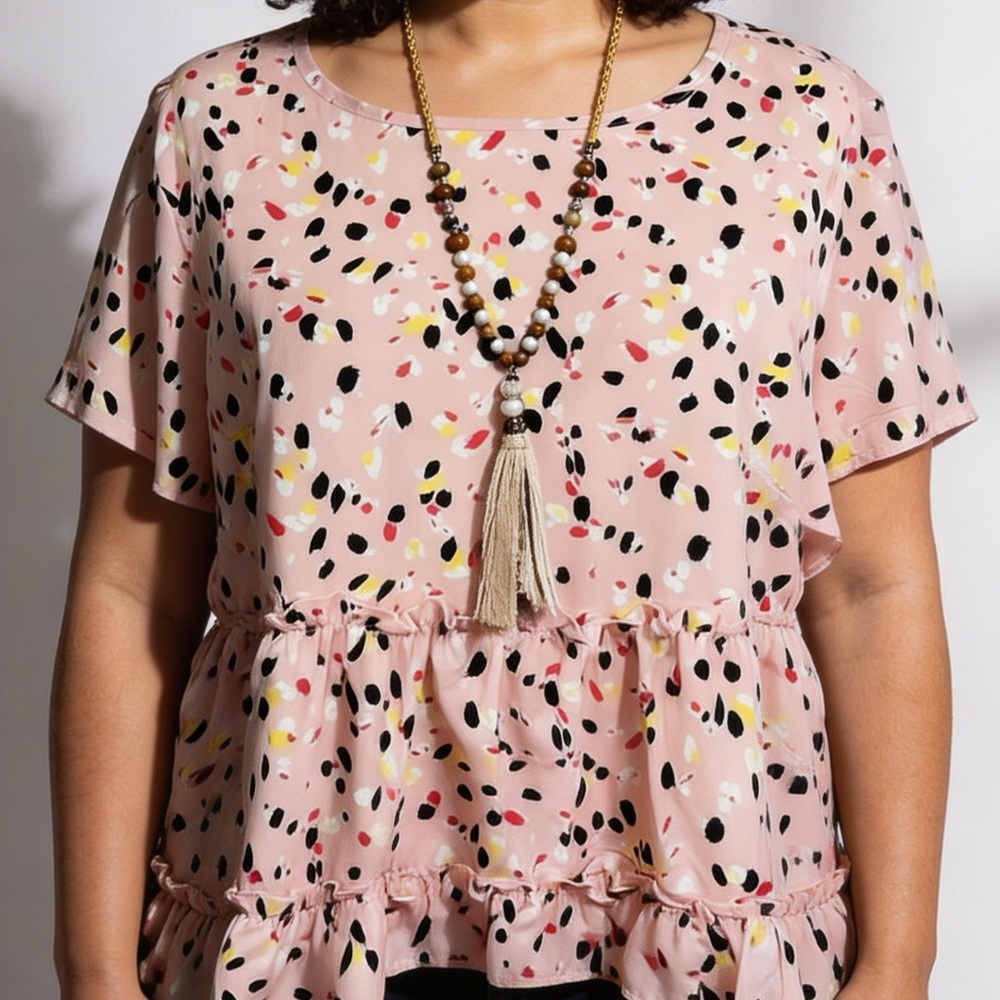 Emery Rose pink abstract confetti ruffle hem tunic blouse -- 5XL‎